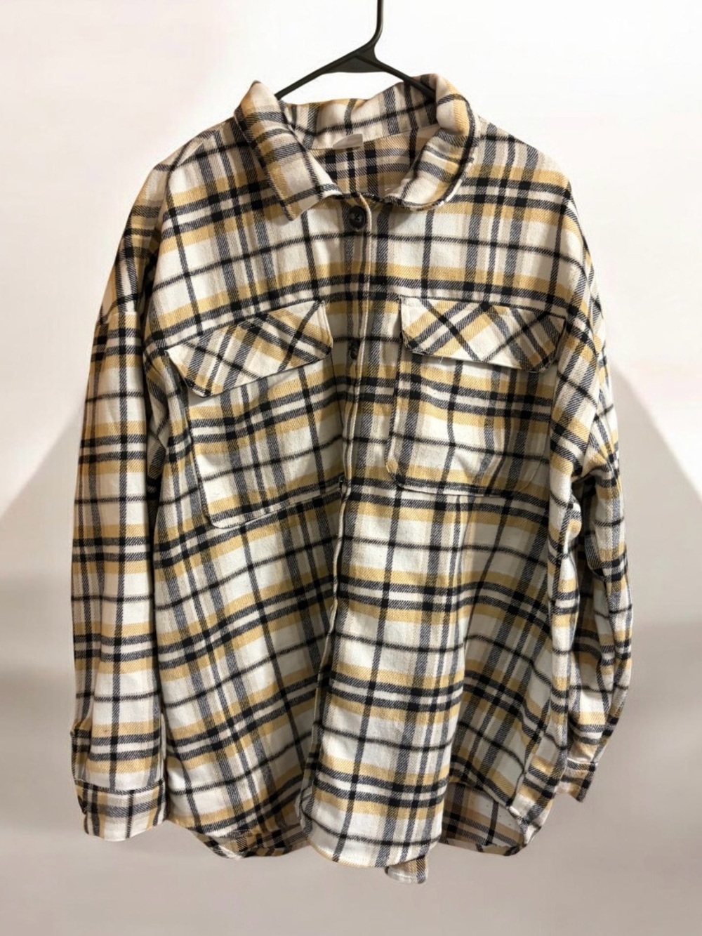 Plaid Button-Up Shirt Shacket in White and Tan